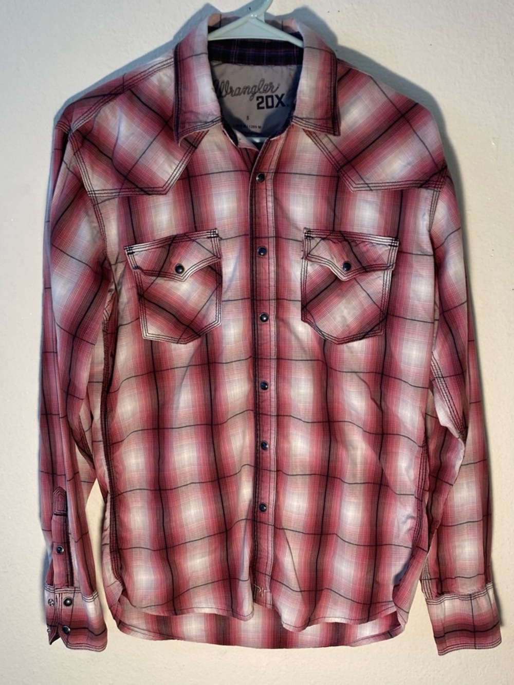 Wrangler 20X Western Shirt Mens Small Plaid Snap Front Pink Long Sleeve Cowboy